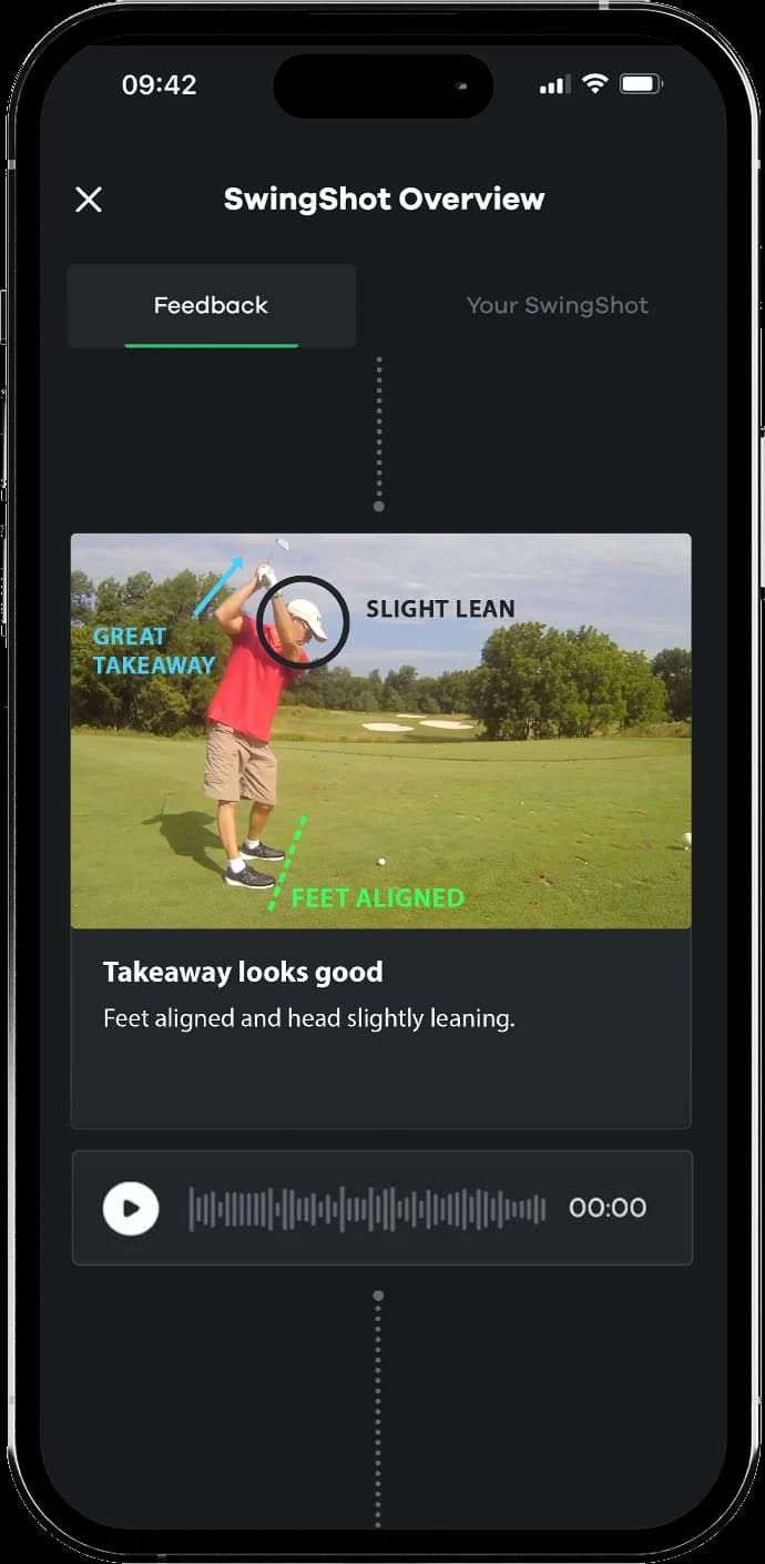 A PGA Instructor's annotated feedback on a real swing: line drawings and a voice-over note an algorithm can't write.