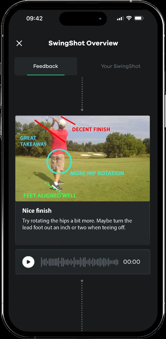 A PGA Instructor's annotated swing feedback in the SwingShot app.